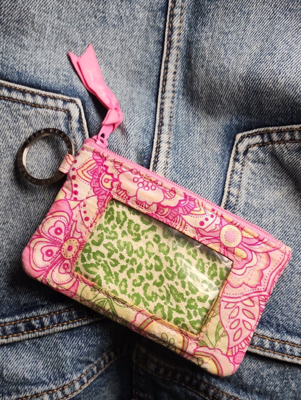 Vera Bradley Pink Floral Quilted ID Wallet with Key Ring